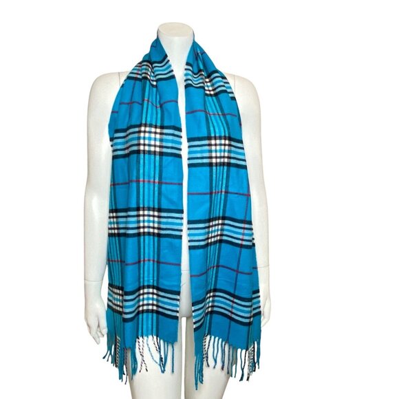 100% Cashmere Scarf Blue Black Plaid Fringe Rectangular  Made In England - Picture 2 of 5